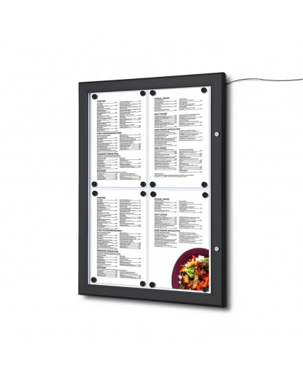 Czarna gablota na menu 4 x A4 z oświetleniem LED